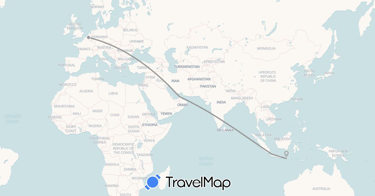 TravelMap itinerary: driving, plane in United Arab Emirates, Belgium, Indonesia (Asia, Europe)